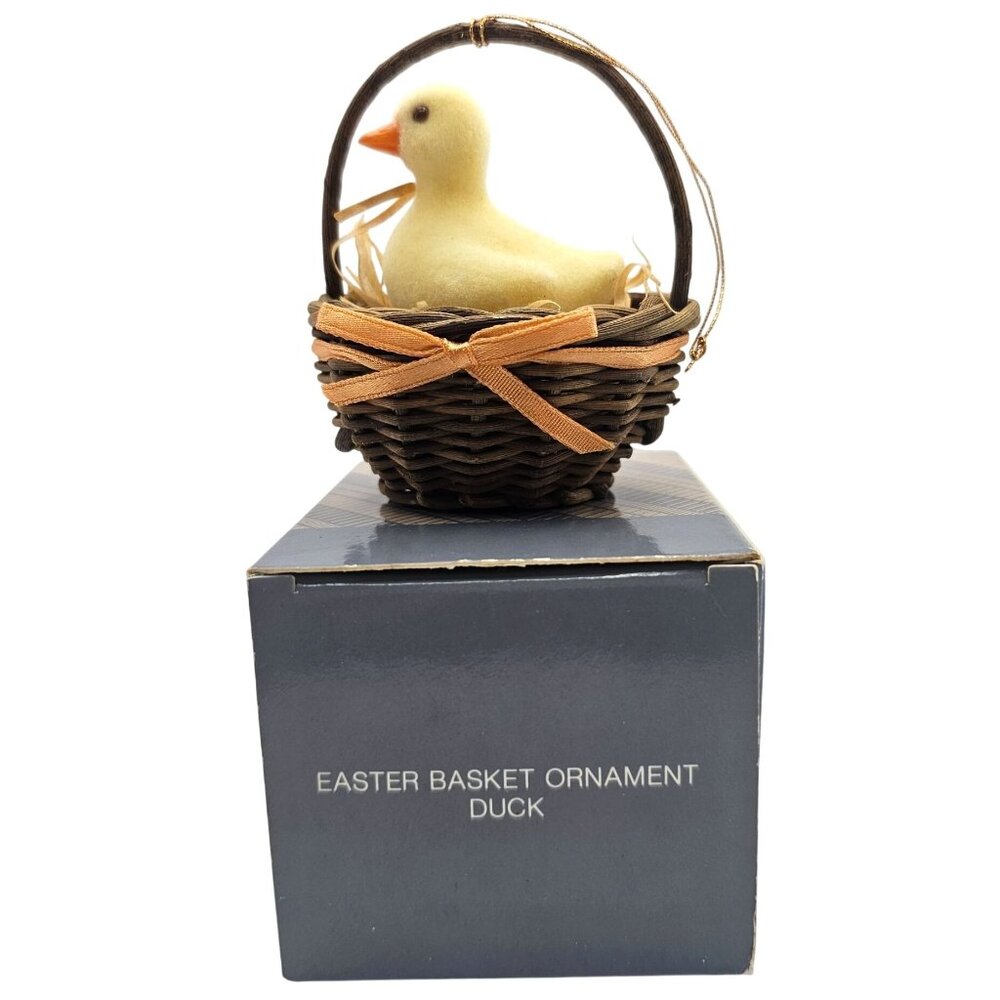 Avon Easter Yellow Duck Basket Ornament Wicker Basket Orange Ribbon Spring